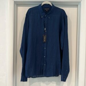 NWT Michael Kors Linen Resort 2 XXL long sleeve button down shirt navy